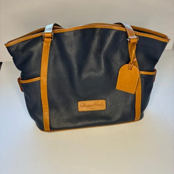 Vintage Dooney & Bourke Blue and Brown Large Leather Tote with Pink Interior - Picture 6 of 16